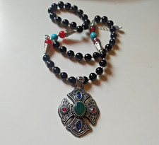 Ancient Vintage Victorian Necklace Pendant Sterling Silver Jade & Lapis lazuli picture