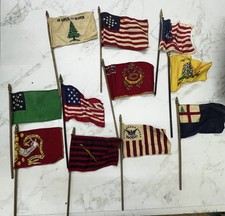 Vintage Mid Century Miniature Historical Flags Wood Staffs Lot of 10 picture