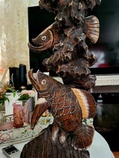RARE Hand CARVED Triple FISH Coral Cuban GUAYACAN Wood Statue Reduced picture