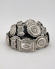 Vtg Navajo Native American Sterling Silver Stamped 40 Concho Leather Hat Band picture