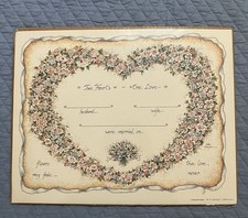 VINTAGE Marriage Certificate Blank Linda Grayson Folk Art Print 11x14 Two Hearts picture