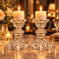 Vintage Faceted Glass Candlesticks Pair 3in Octagonal Starburst Base picture