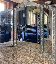 Ornate Victorian VENETIAN Mirror Trifold Etched Wall Table Beveled VANITY Makeup picture