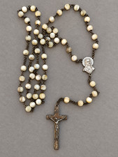 Vintage 1930s-40s Sterling Silver Mother of Pearl Rosary Sacred Heart Crucifix picture