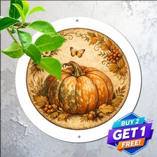 Fall Pumpkin Monarch Butterfly Vintage Round Tin Sign Autumn Metal Wall Plaque picture