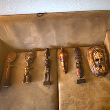 Handmade African Hand-Carved Wood Lot: 3 Masks & 3 Figurines/Statues picture