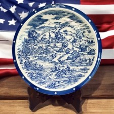 Vernon Kilns Massachusetts Map Wall Plate Blue & White VTG Ceramic 10.5