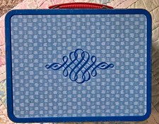 c.1968 Ohio Art Blue Basket Weave Calligraphy Metal Lunch Box Red Handle USA picture