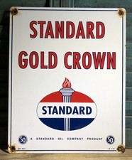 VINTAGE 1957 DATED STANDARD GOLD CROWN GASOLINE PORCELAIN GAS MOTOR OIL SIGN picture