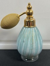 Pre-1920’s Hand Blown Czechoslovakian Blue And Gold W/ Ribbing Glass Atomizer picture