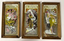 Vtg Alphonse Mucha Art Nouveau Mirrors Set Of 3 Chocolat Masson Mexicain HK picture