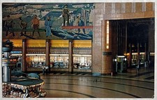 Vintage Cincinnati Union Terminal Lobby Postcard Art Deco Murals Ohio Railroad picture