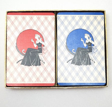 Vtg 1930s Art Deco Playing Cards Bridge Set In Box Red Blue Lady Dabbing Perfume picture