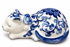 Andrea By Sadek Blue & White Sleeping Porcelain Cat Figurine 5.5” picture