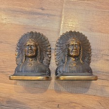 Vintage Heavy Brass Native American Chief Bookends Set Bronze Finish Rustic picture