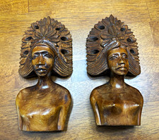 Pair of Vintage Hand-Carved Wooden - Bust Sculptures - picture