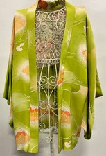Silk Japanese Kimono in Green, Orange, and White with Cloud Motif- Elegant L picture