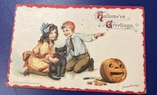 Antique Halloween Postcard  Brundage Series 121 Boy  Girl JOL Black Cat 1914 picture
