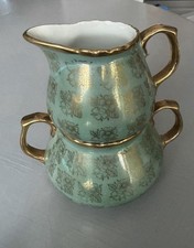 Vintage Nasco Del Coronado Japan Creamer Sugar Bowl Set Aqua Gold Floral picture