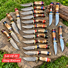 LOT OF 20 CUSTOM HANDMADE DAMASCUS HUNTING. SKINNING.  WITH LEATHER SHEATH picture