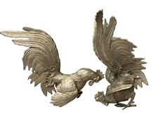 Vintage Pair Brass Fighting Cocks Roosters Mid Century Detailed Heavy Birds picture