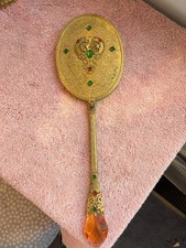 Antique 1920s Czech Style Jeweled Brass Hand Mirror w/ Amber Crystal Finial picture