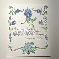 Vintage folk art styled, hand painted Bible Verse Jeremiah 51:50 Blue Floral  picture