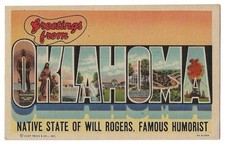 Greetings From Oklahoma c1930's Will Rogers Statue, Oil Well, Pioneer Statue picture