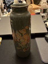 Rare Hand Painted 1950s Japanese Ceramic Floral Vase Orange Lillies & Gold Trim. picture