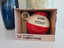NEW Big Mouth Gone Fishin' Bobber 20 OZ Coffee Mug Red White Ceramic FATHERS DAY picture
