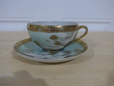 Vintage Japan NIPPON Jeweled Thick Gold Blue Teal Flying Geese Cup & Saucer picture