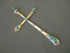 HUGE Native American Turquoise Sterling Silver Chased Cross Pendant 5.3