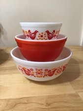 VINTAGE PYREX Friendship Birds 3pc Set Nesting Mixing Bowls 1950s MINTY w/STANDS picture