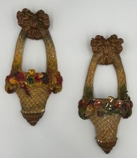 Vintage Chalkware Roses Flower Basket Wall pocket Set Of 2 Retro Cottage Grandma picture