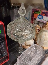 VTG Indian Glass Candy Dish Compote Diamond Point Lidded Pedestal MCM Elegant picture