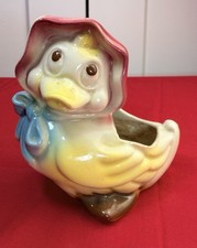 Vtg 1950s Anthropomorphic Duck Planter Ceramic Pink Bonnet Blue Bow Kitsch 5.5” picture