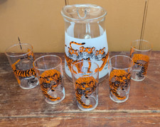 Vintage Esso (Exxon) Tiger Federal Frosted Glass Pitcher w/ 5 Clear Glasses picture