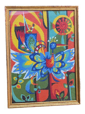 Framed Vintage Abstract Peacock Needlepoint Mid Century Needlepoint Handmade picture