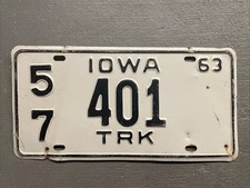 VINTAGE 1963 IOWA LICENSE PLATE WHITE/BLACK EMBOSSED 57-401 TRUCK COOL😎 picture