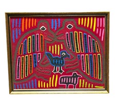 Vintage Panama Kuna Mola Framed Textile Art Hand Sewn Birds Animals Folk 17x14 picture