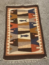 Vtg Oaxaca Mexico Hand Woven Wool Fish Tapestry Accent Rug/Wall Hanging Tribal picture