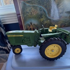 Vintage John Deere Green metal Toy Tractor Set with Wagons & Farm Implements picture