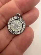 Vintage White Enamel Sterling Silver Saint Christopher Religious Medal Charm picture
