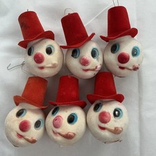 Lot of 6 Vintage MCM Flocked Christmas Ornaments Snowman Heads Hong Kong 1971 picture