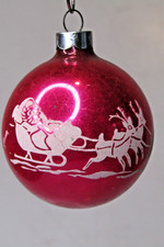 VTG pre WWII Glass Pictured SANTA SLED Reindeer BALL Christmas Ornament Shiny Br picture