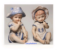 Vintage KPM Porcelain Figurine Pair Blue White Piano Baby Girl And Boy Germany picture