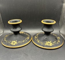 Antique Tiffin Glass Taper Candle Holder Pair Black Stain Gold Decorated 1920s picture