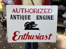 Vtg Antique Engine Hit & Miss Sign Metal Gas Oil Enthusiast Authorized Dbl Side picture