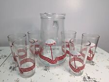 Vintage 1980s Pitcher And 6 Glasses Beach Umbrella Seagulls picture