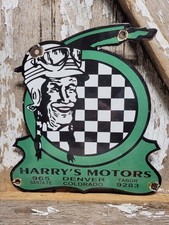 VINTAGE INDIAN MOTORCYCLE PORCELAIN SIGN HARRYS MOTORS DEALER VERIBRITE DENVER picture